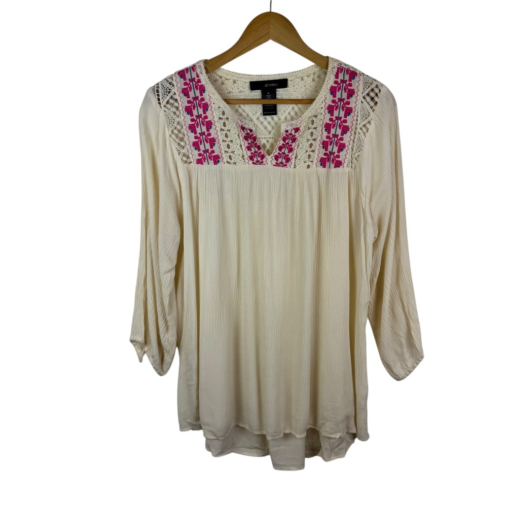 Ali Miles Embroidered Crochet Tunic Top Sz Medium Festival Boho Chic Artsy Flowy